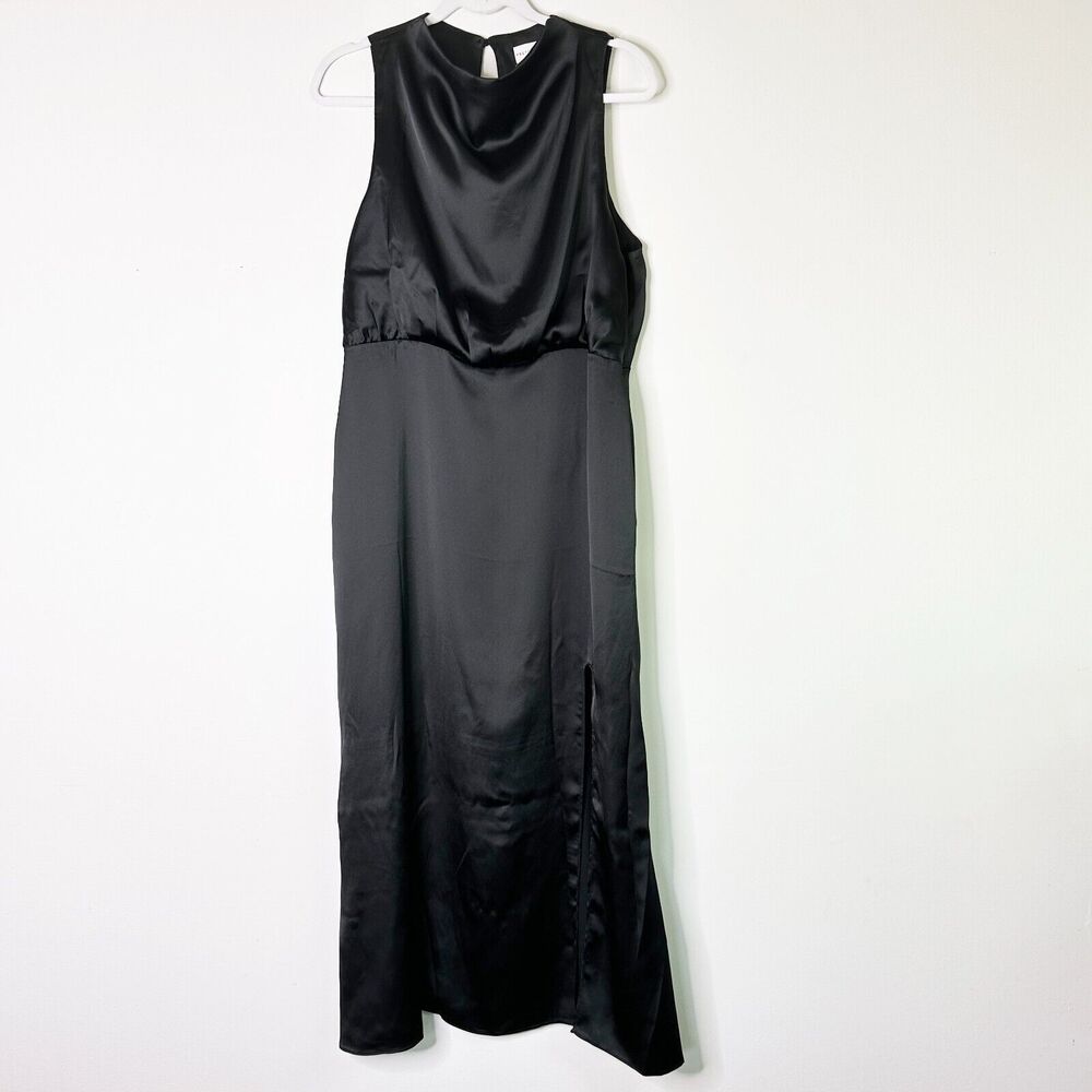 PRETTY LAVISH Dress Women 16 Curve Black Satin Empire High Neck Split Midi NWT